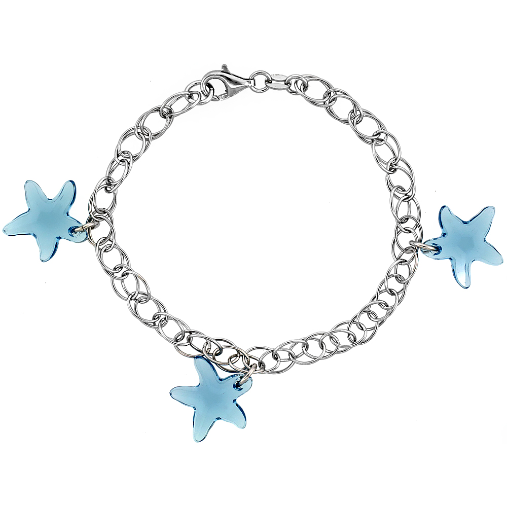 Sterling Silver Starfish Blue Topaz Swarovski Crystals 7 in. Oval Link Bracelet