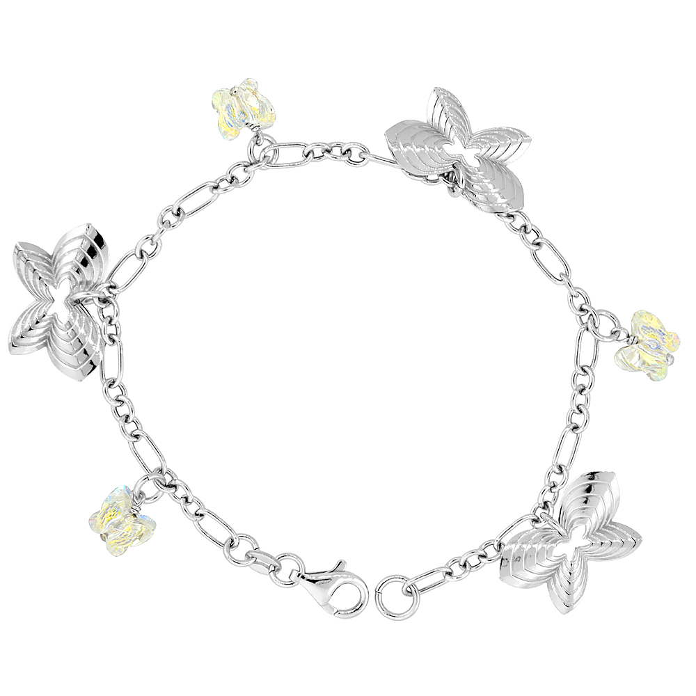 Sterling Silver Butterfly Yellow Swarovski Crystals 7 in. Oval Link Charm Bracelet