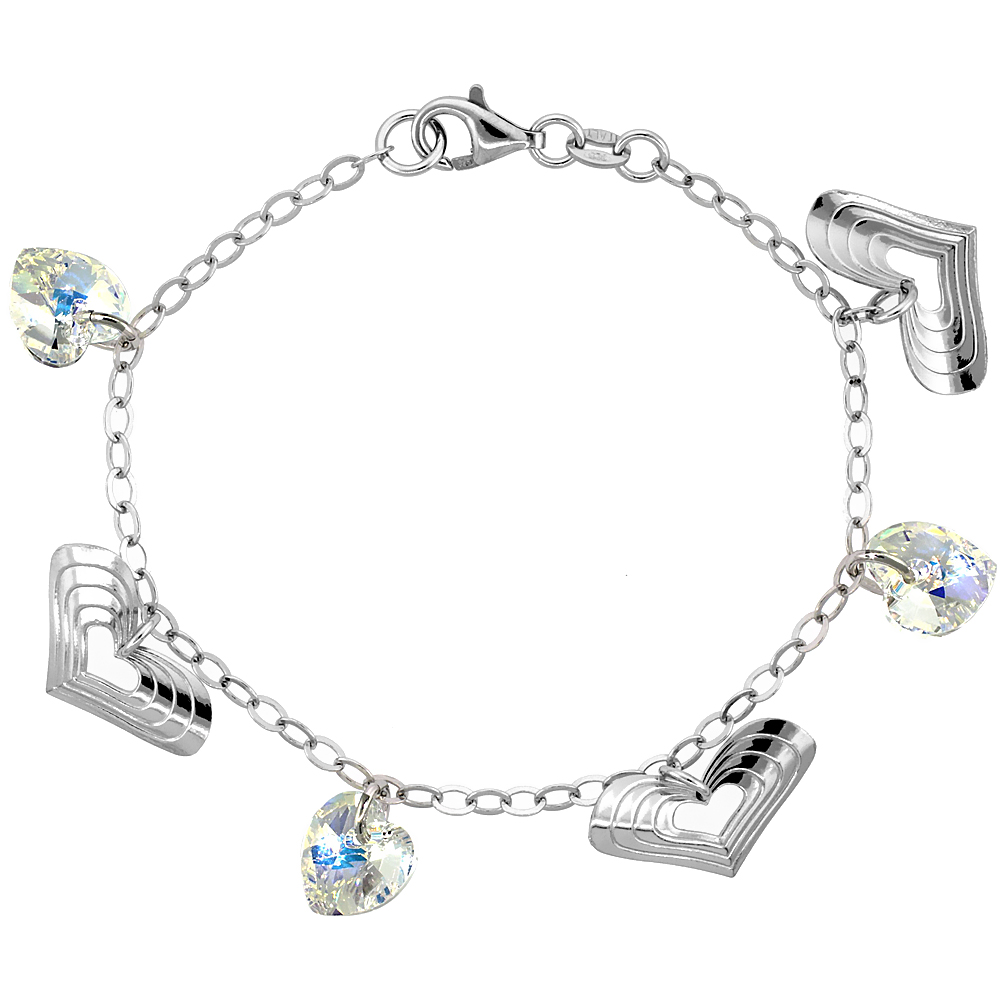 Sterling Silver Heart Swarovski Crystals 7 in. Oval Link Charm Bracelet