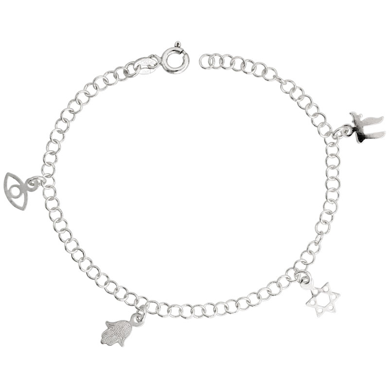 Sterling Silver Adjustable Charm Bracelet w/ Jewish Symbols, 1/2" (12 mm) wide, 7 in.