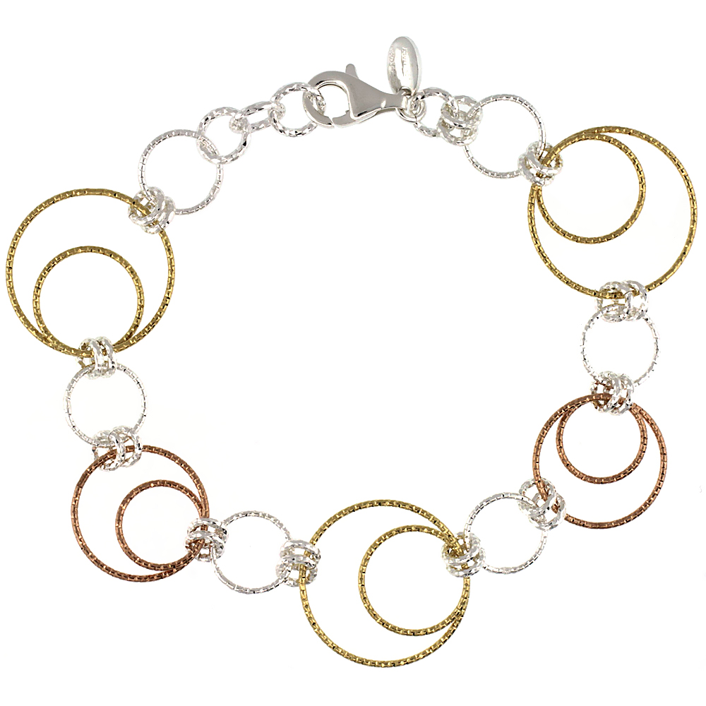 Sterling Silver Wire Dangling Circles Hanging Hoop Diamond Cut 7.5 in. Bracelet w/ White, Yellow & Rose Gold Finish, 1 in. (25 mm) drop
