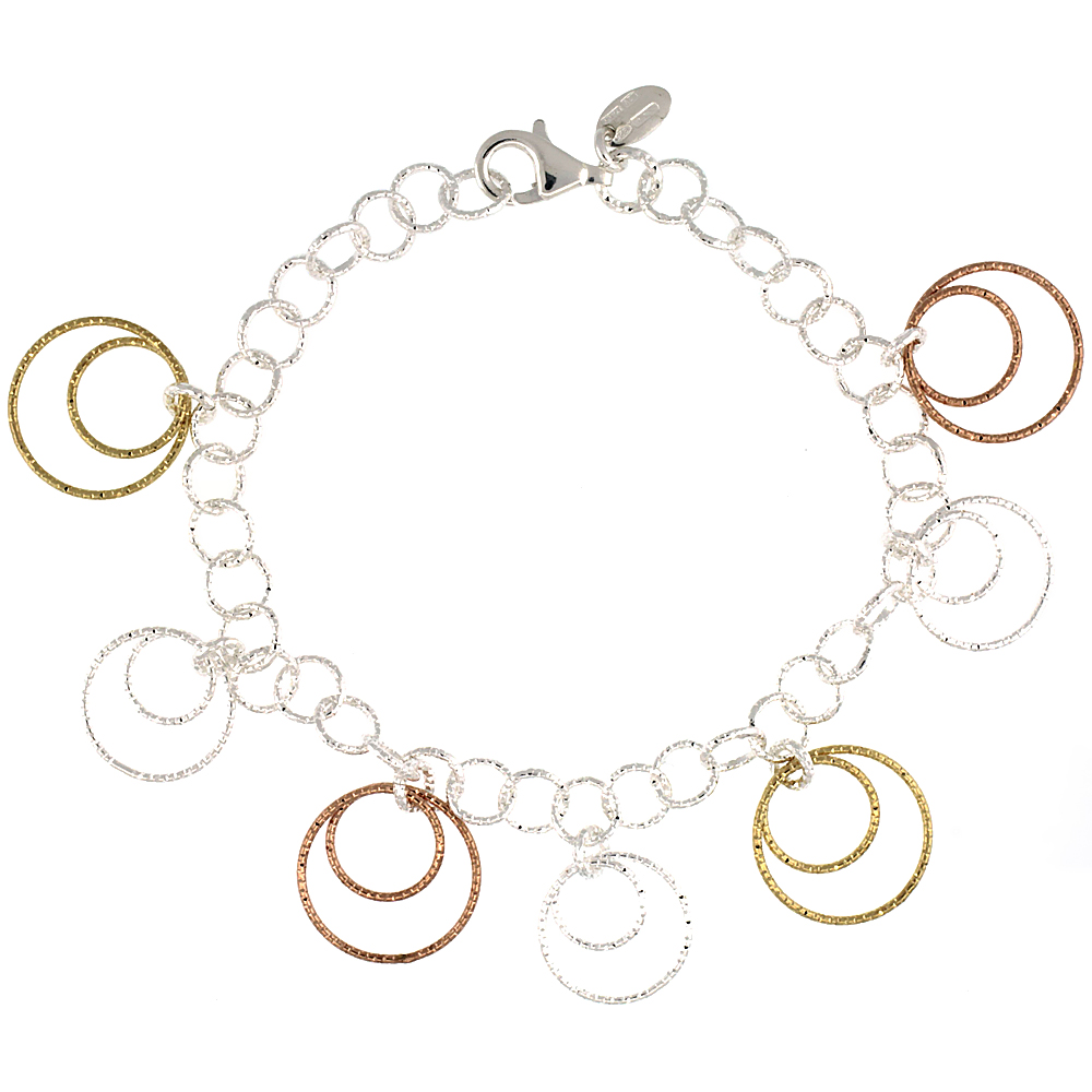 Sterling Silver Wire Hoop Circles Diamond Cut 8 in. Bracelet w/ White, Yellow & Rose Gold Finish, 7/8 in. (22 mm) wide