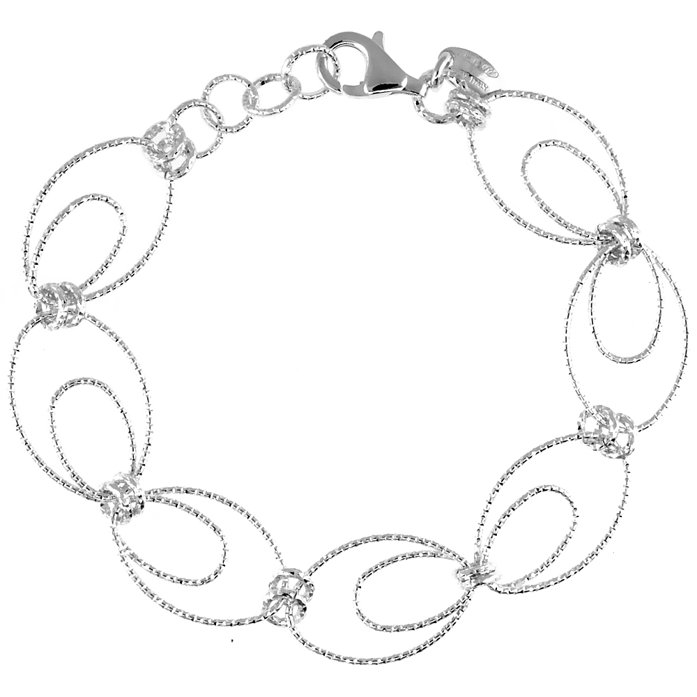 Sterling Silver Wire Oval Hoop Diamond Cut 7.5 in. Bracelet w/ White Gold Finish, 9/16 in. (14 mm) wide