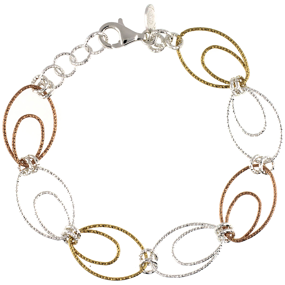 Sterling Silver Wire Oval Hoop Diamond Cut 7.5 in. Bracelet w/ White, Yellow & Rose Gold Finish, 9/16 in. (14 mm) wide