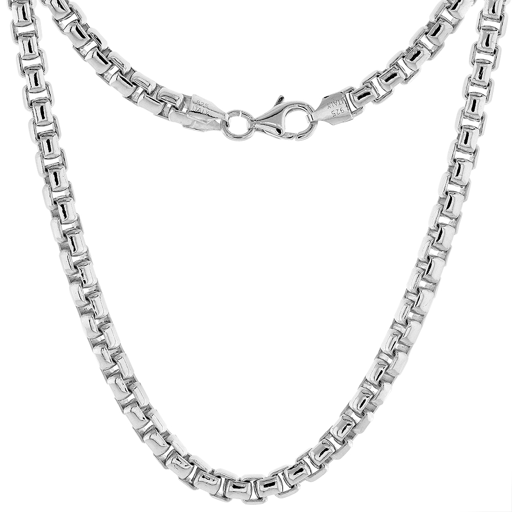 5mm Sterling Silver Round Box Chain Necklaces & Bracelets for Men Heavy Nickel Free Italy sizes 7 - 30 inch