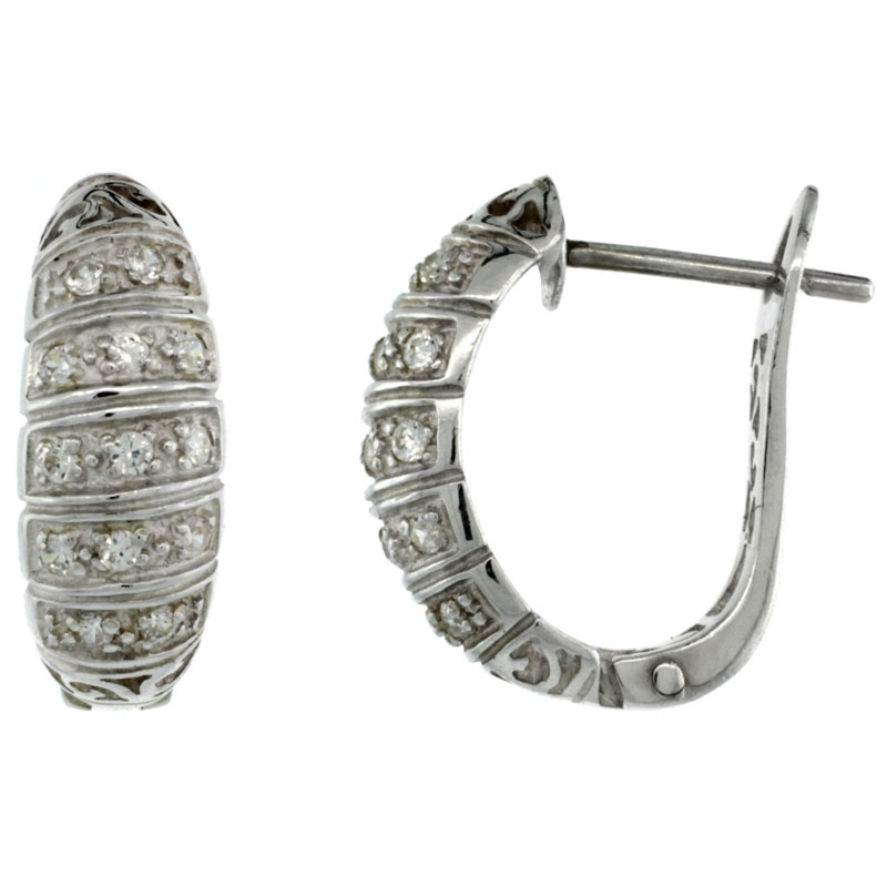 Sterling Silver Striped CZ Huggie Earrings 11/16 in. (17 mm) tall