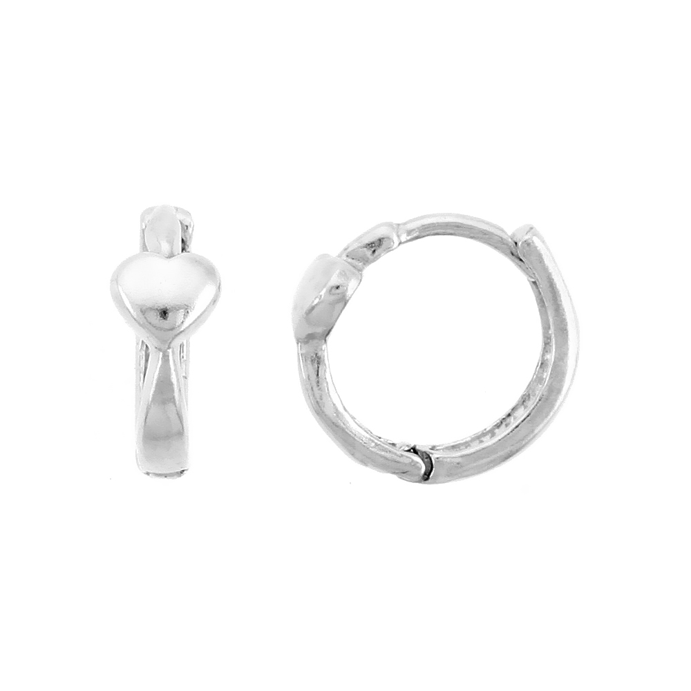 Sterling Silver Huggie Hoop Earrings w/ Teeny Heart, 1/2" (12 mm)