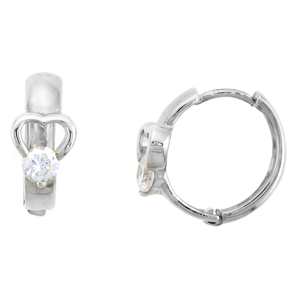 Sterling Silver Huggie Hoop Earrings, w/ Brilliant Cut CZ Stone in Heart Cut Out, 5/8" (16 mm)