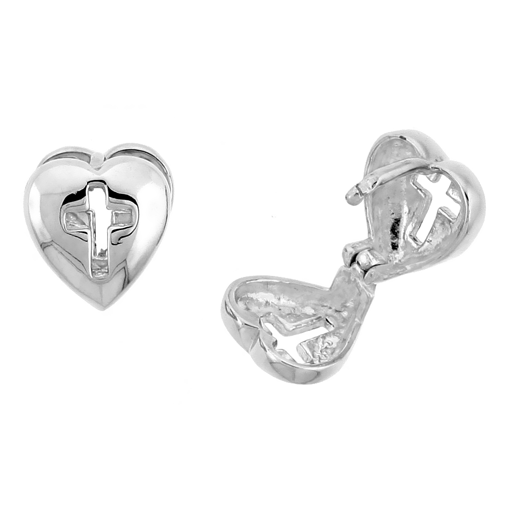 Sterling Silver Heart-shaped Huggie Earrings w/ Cross Cut Out, 3/8" (10 mm)