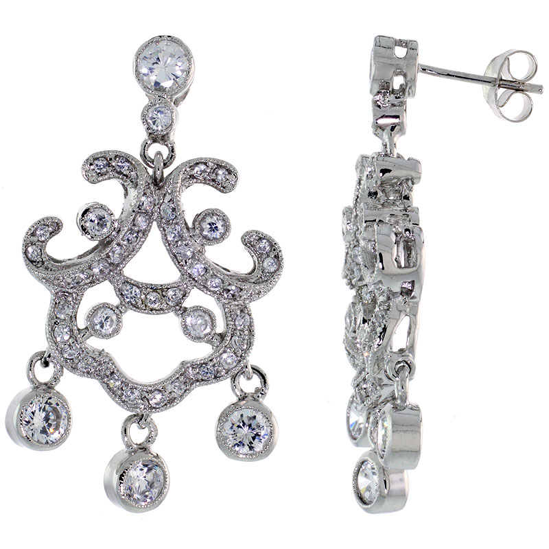Sterling Silver CZ Chandelier Earrings w/ Triple Bead Drop, 1 1/2 in. (38 mm) tall
