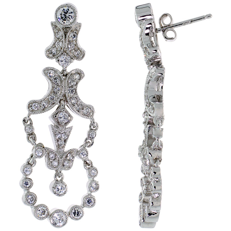 Sterling Silver CZ Chandelier Earrings w/ Wreath Drop, 1 11/16 in. (43 mm) tall