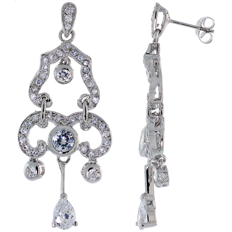 Sterling Silver CZ Chandelier Earrings w/ Pear Shape Drop, 2 in. (50 mm) tall
