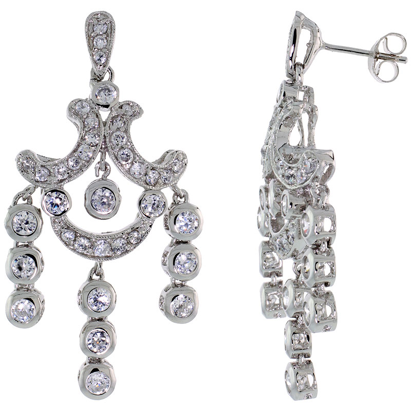 Sterling Silver CZ Chandelier Earrings w/ Triple Bead Drop, 1 3/4 in. (45 mm) tall