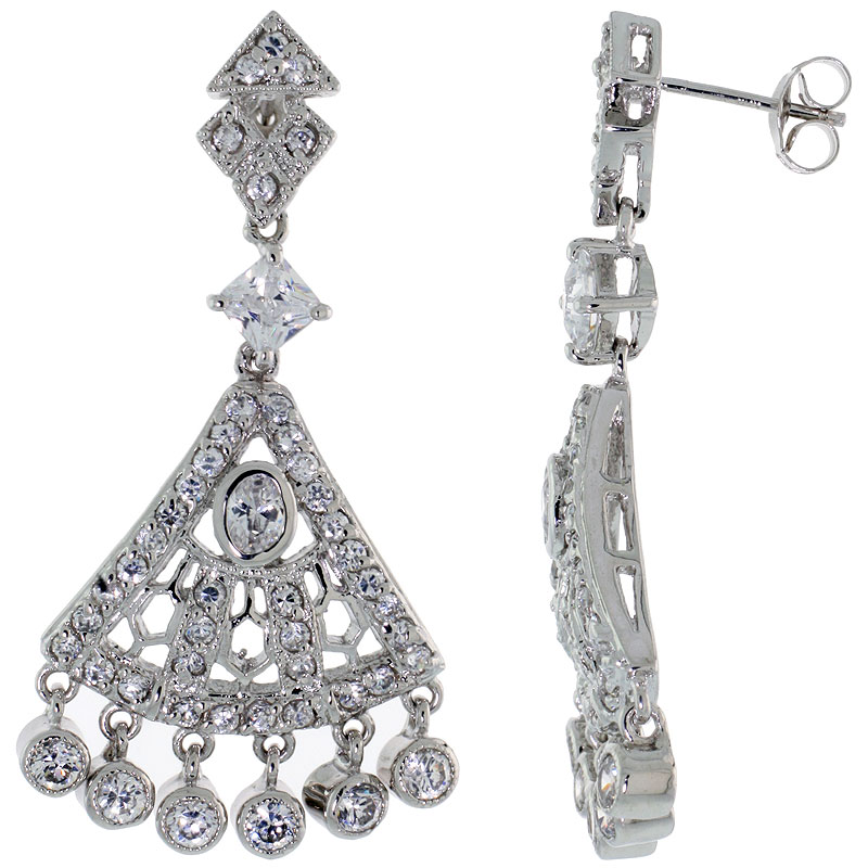 Sterling Silver CZ Chandelier Earrings, Fan Shape w/ Bead Drops, 1 5/8 in. (42 mm) tall