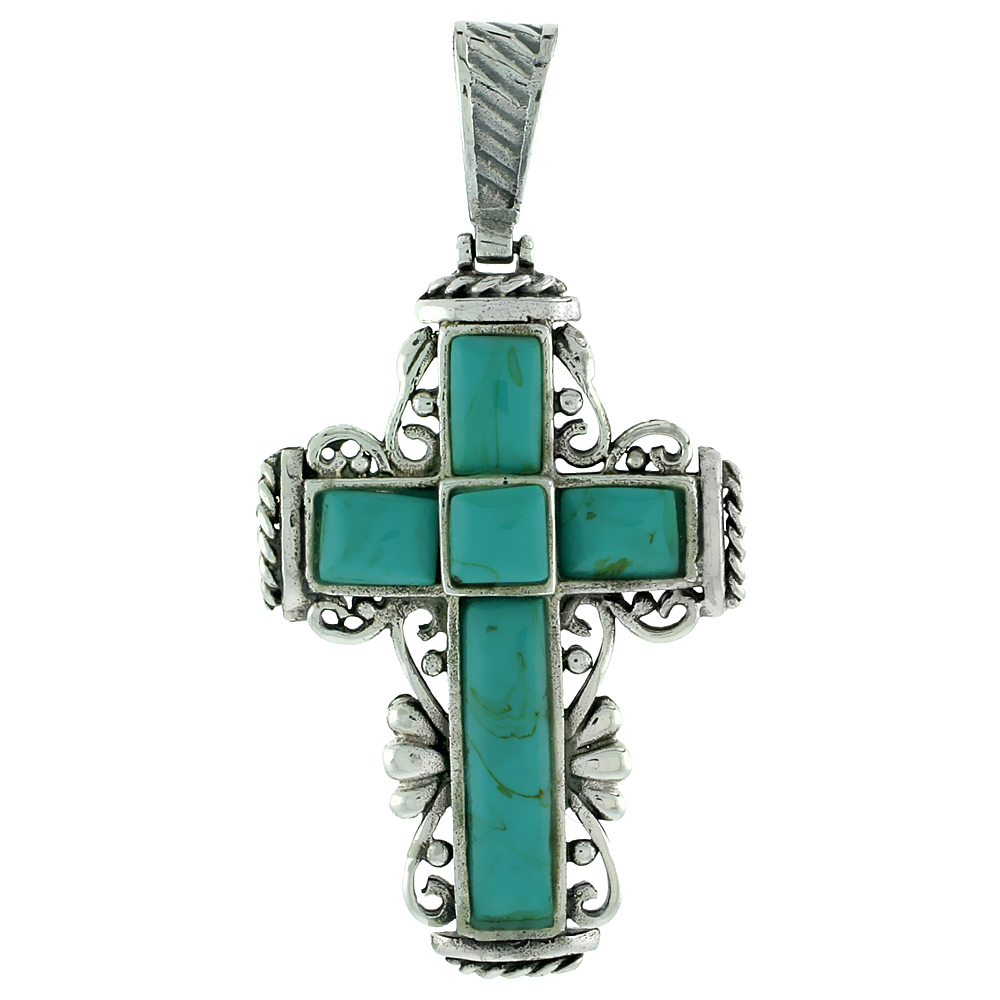 Sterling Silver Cross pendant Reconstituted Turquoise 1 3/8 inch