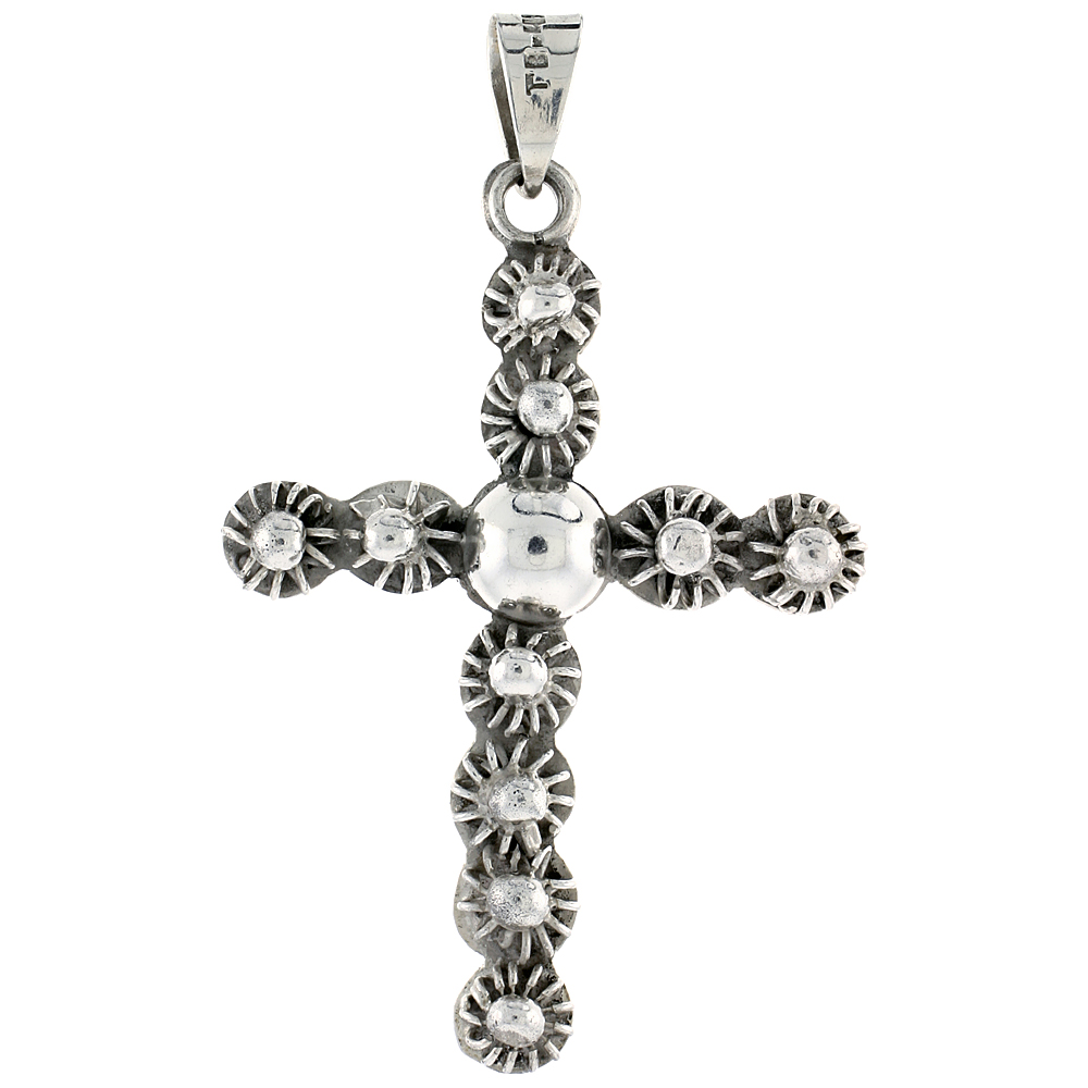 Sterling Silver Cross Pendant, Sunflower Ornaments, 2 3/16 inch tall 