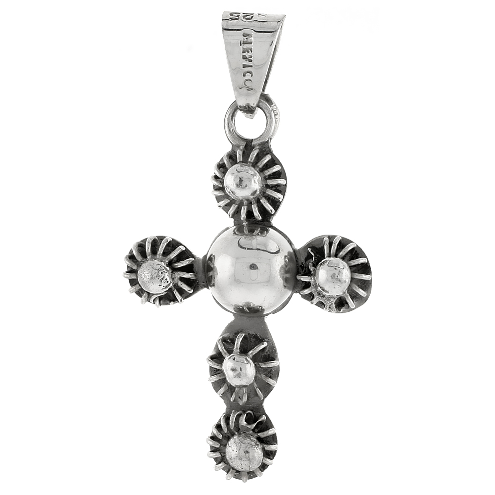 Sterling Silver Cross Pendant, Sunflower Ornaments, 1 9/16 inch tall 