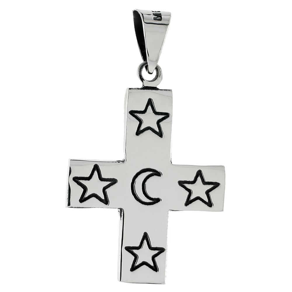 Sterling Silver Cross Pendant Moon & Stars, 1 3/16 inch tall 