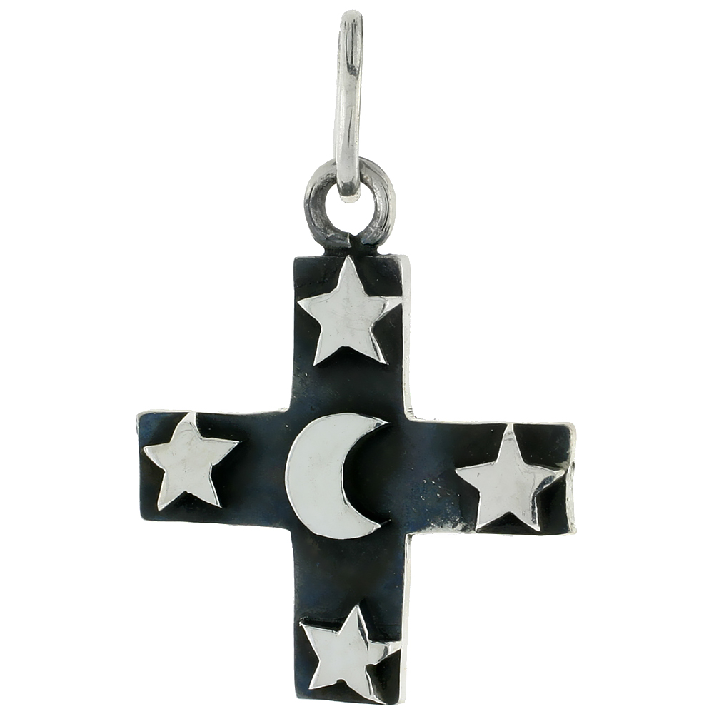 Sterling Silver Cross Pendant Moon & Stars, 1 1/16 inch tall 
