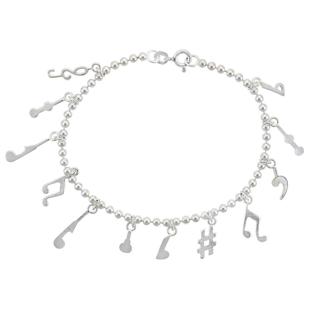 Sterling Silver 7" Bead Bracelet, Musical Note Pendants, 1/8 inch 