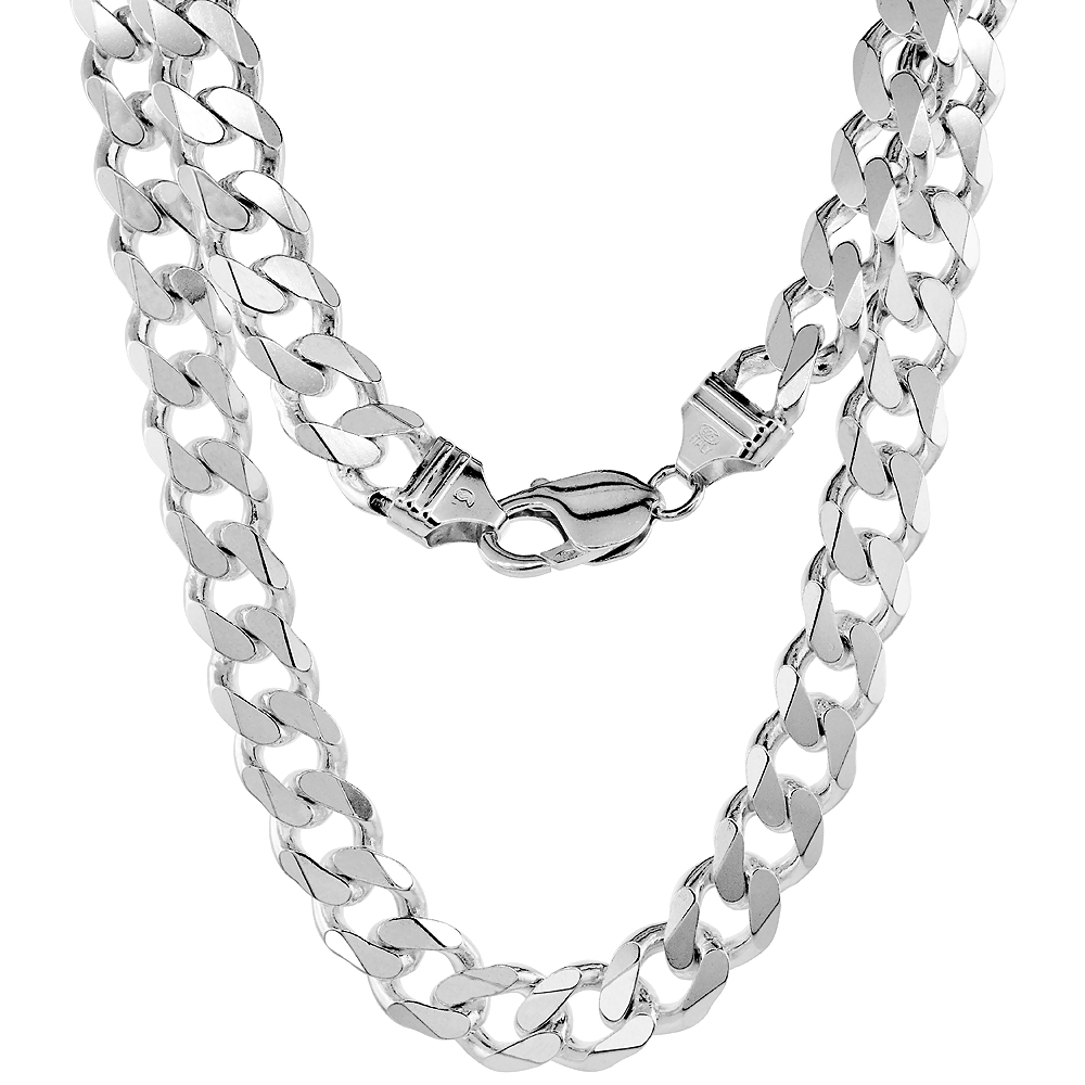 Sterling Silver Thick Curb Cuban Link Chain Necklaces & Bracelets 10.7mm Beveled Nickel Free Italy, 8-30