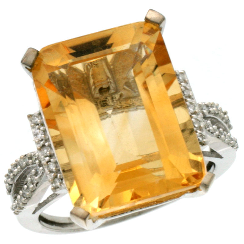 14K White Gold Diamond Natural Citrine Ring Emerald-cut 16x12mm, sizes 5-10