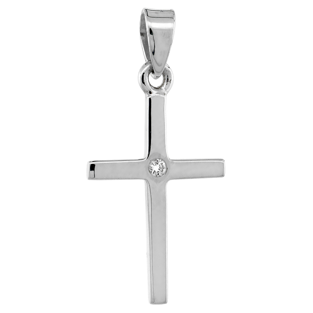 Tiny Sterling Silver Diamond Cross Pendant Plain Flawless Finish Nice Diamond 3/4 inch