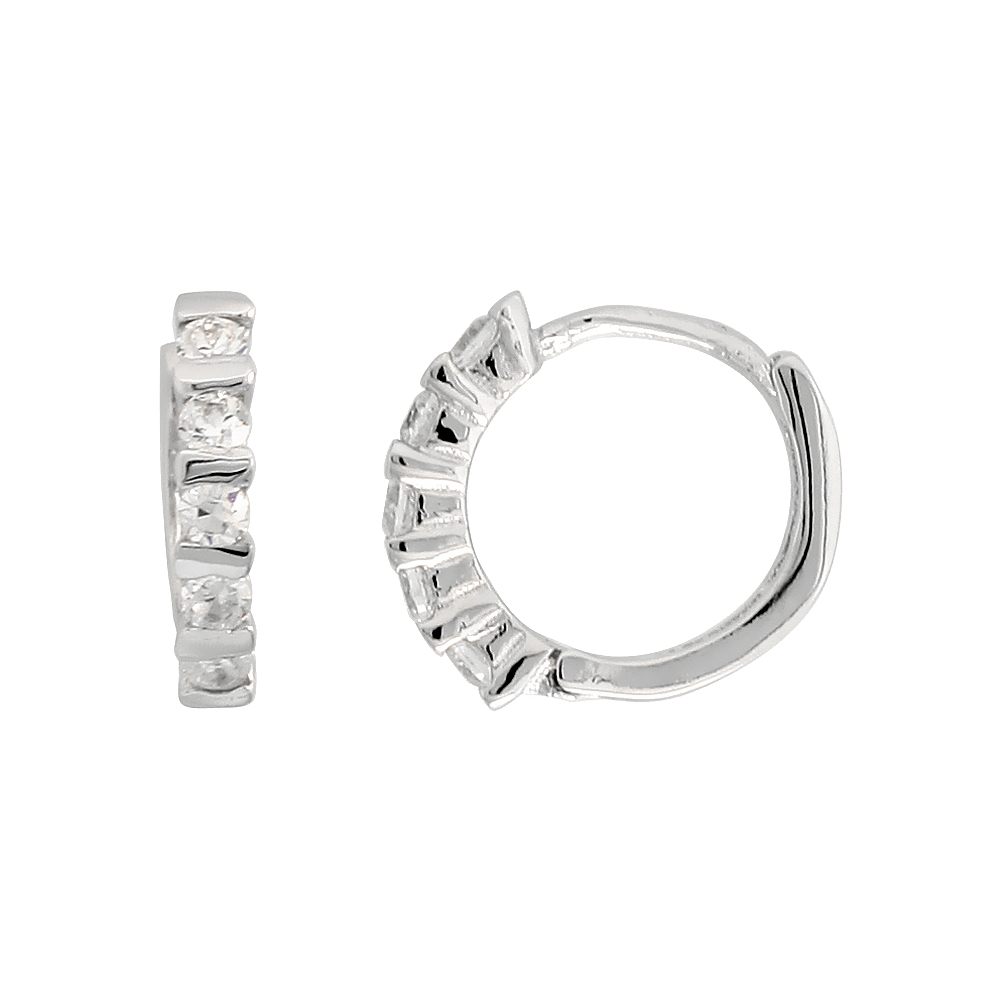 Sterling Silver Cubic Zirconia Tiny Huggie Hoop Earrings, 7/16 inch round