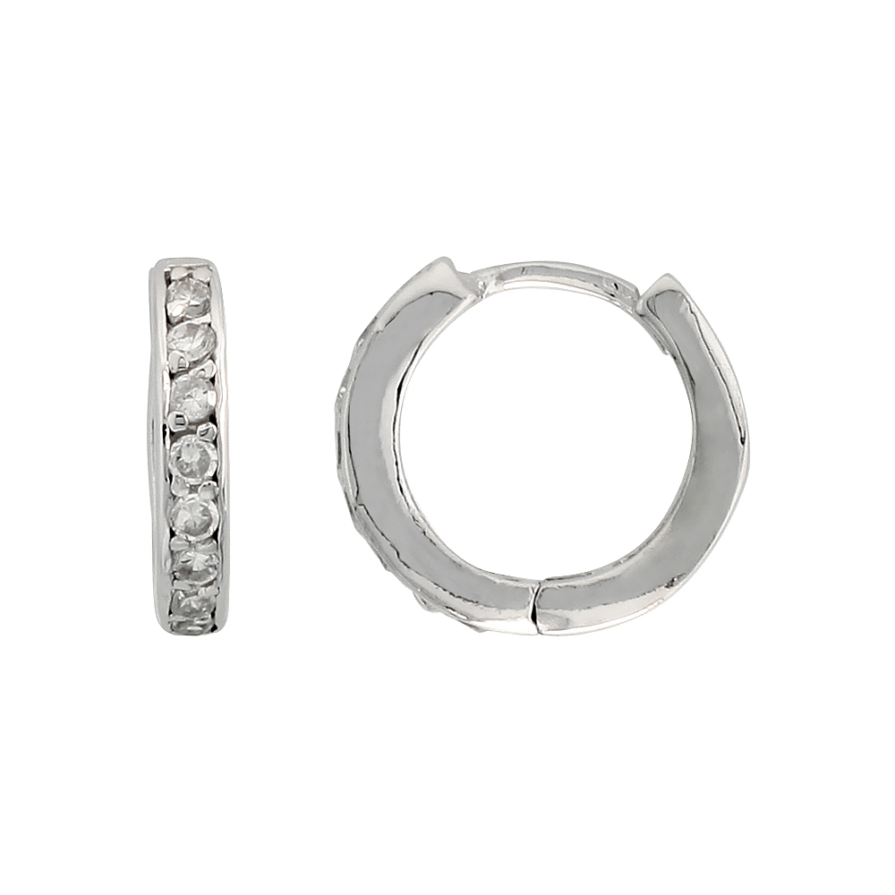 Sterling Silver Cubic Zirconia Tiny Huggie Hoop Earrings, 7/16 inch round