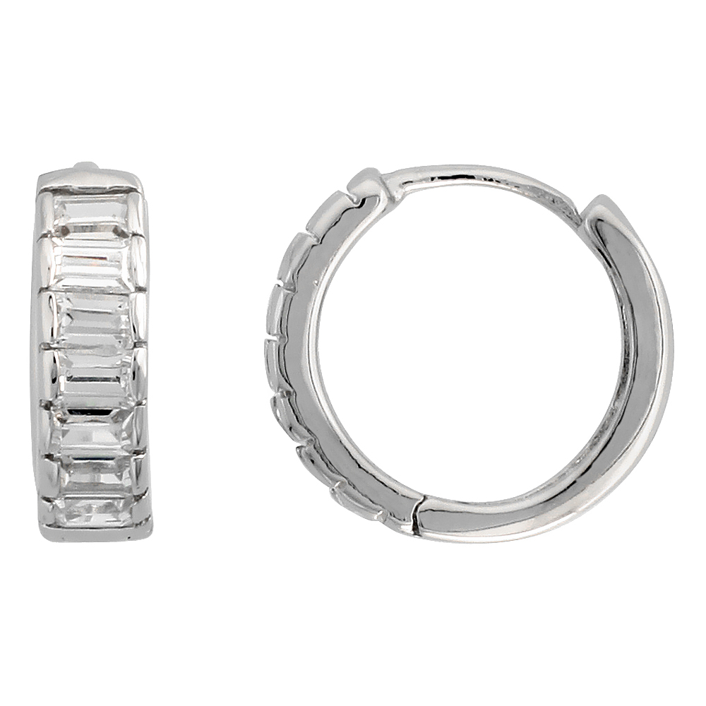 Sterling Silver Emerald Cut Cubic Zirconia Huggie Hoop Earrings, 1/2 inch round