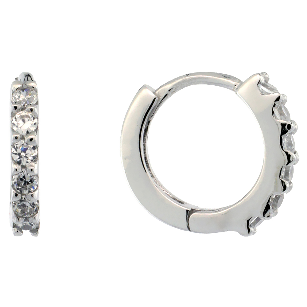 Sterling Silver Cubic Zirconia Tiny Huggie Hoop Earrings, 1/2 inch round