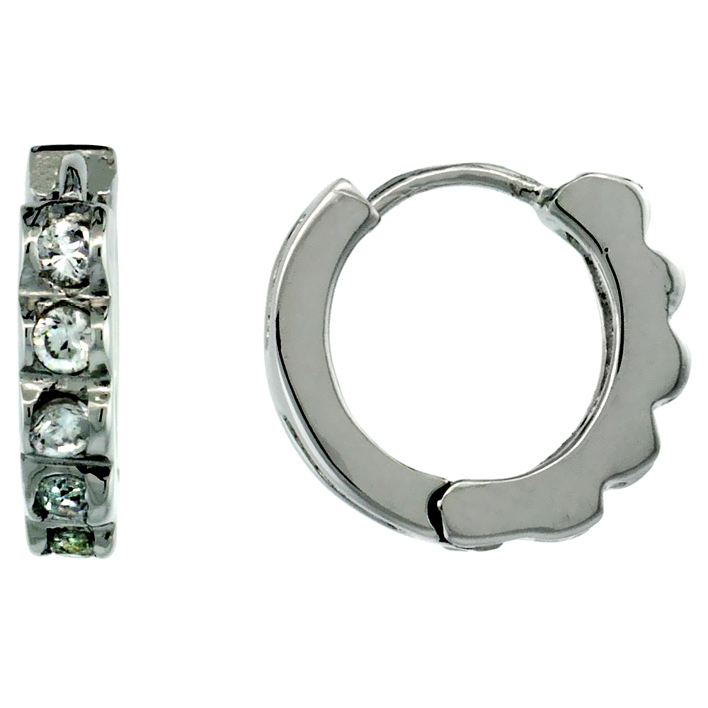 Sterling Silver Cubic Zirconia Tiny Huggie Hoop Earrings, 9/16 inch round