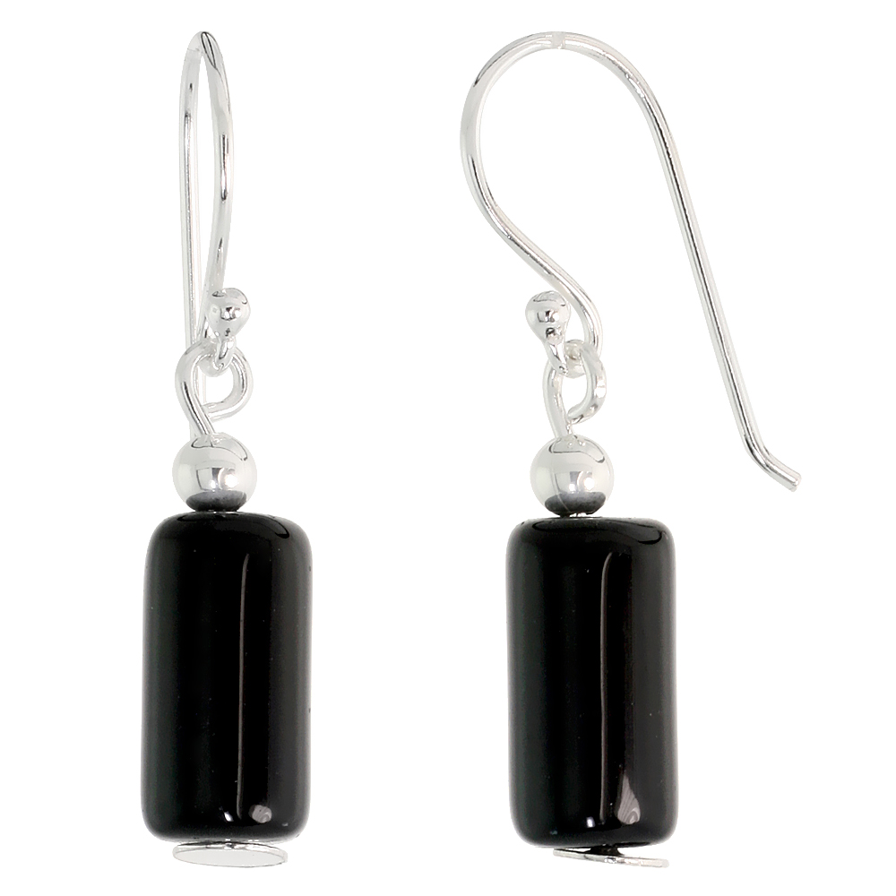 Sterling Silver Dangle Earrings, w/ Beads & Black Obsidian, 1 3/16" (30 mm) tall