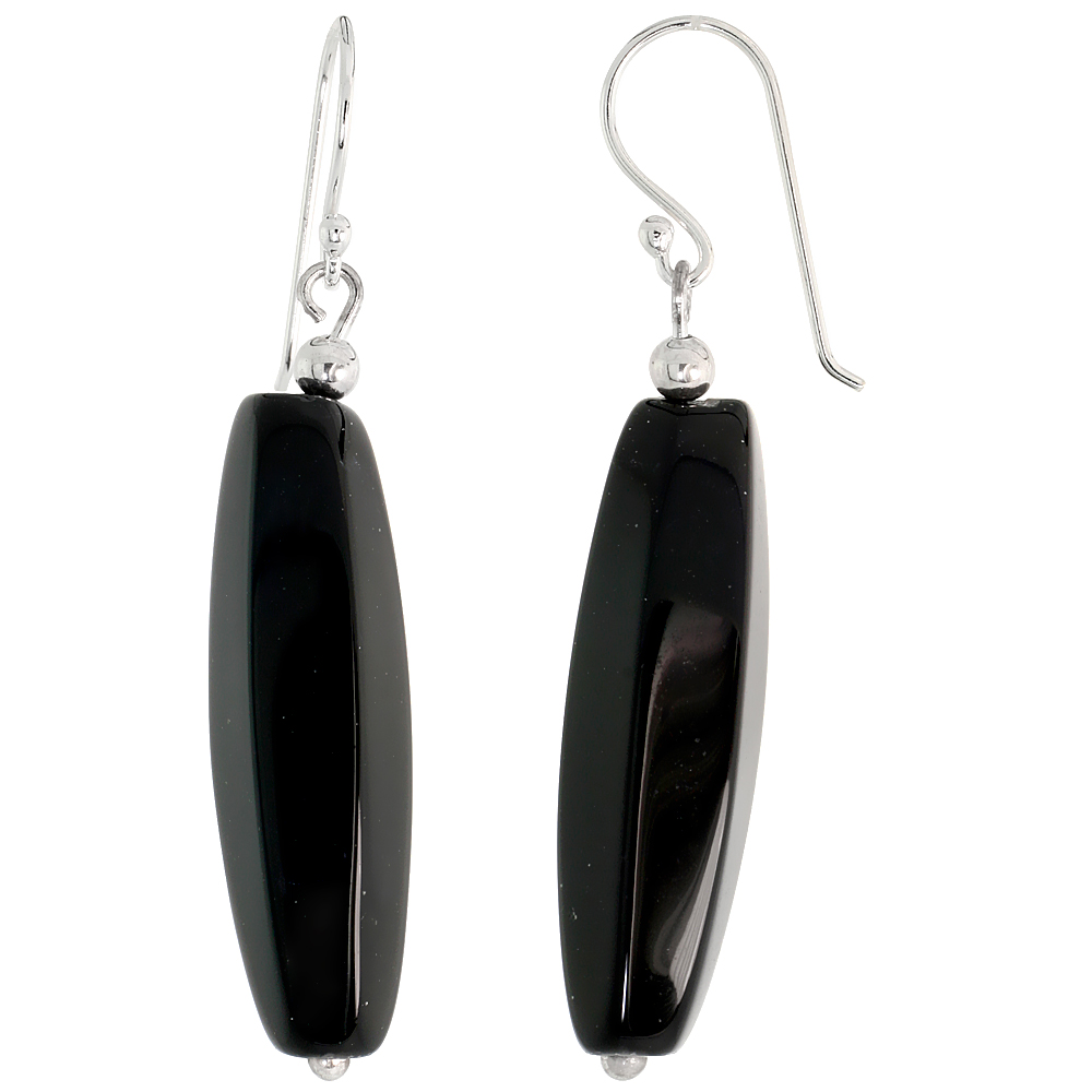 Sterling Silver Dangle Earrings, w/ Beads & Faceted Oval Black Obsidian, 1 7/8" (47 mm) tall