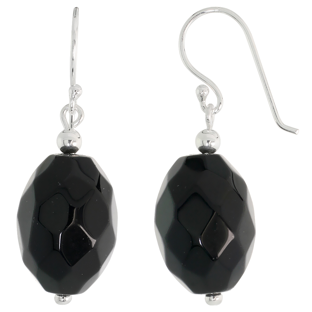 Sterling Silver Dangle Earrings, w/ Faceted Oval Black Obsidian, 1 3/8" (34 mm) tall