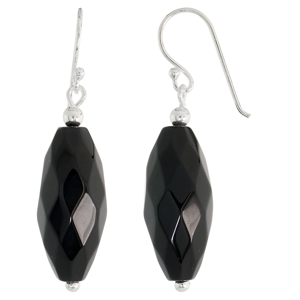 Sterling Silver Dangle Earrings, w/ Beads & Faceted Oval Black Obsidian, 1 9/16" (40 mm) tall