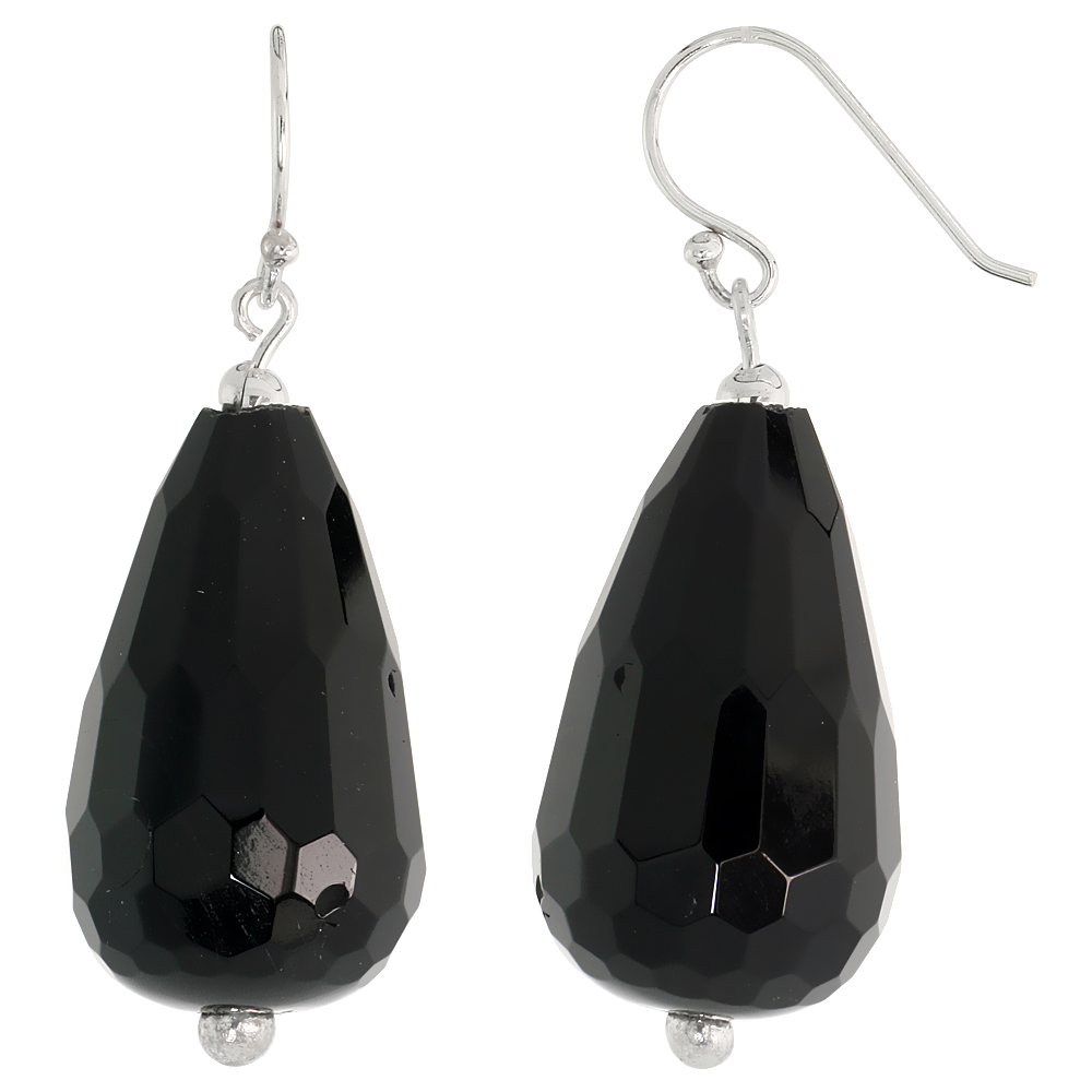 Sterling Silver Dangle Earrings, w/ Beads & Faceted Black Obsidian, 1 11/16" (43 mm) tall
