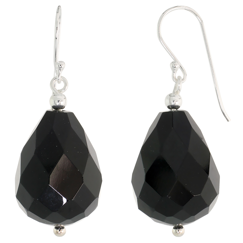 Sterling Silver Dangle Earrings, w/ Beads & Faceted Black Obsidian, 1 1/2" (39 mm)