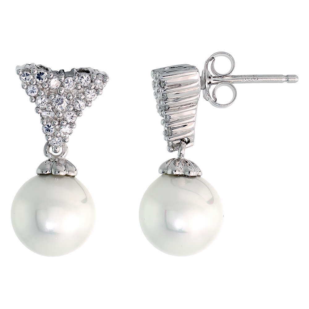 Sterling Silver Dangle Earrings, w/ CZ Stones & 9mm Faux Pearls, 13/16" (20 mm) tall