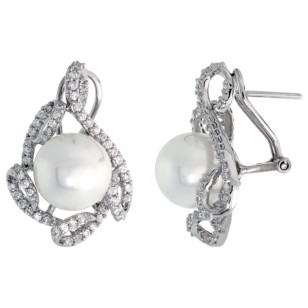 Sterling Silver French Clip Earrings, w/ CZ Stones & 11mm Faux Pearls, 1 1/16" (27 mm) tall