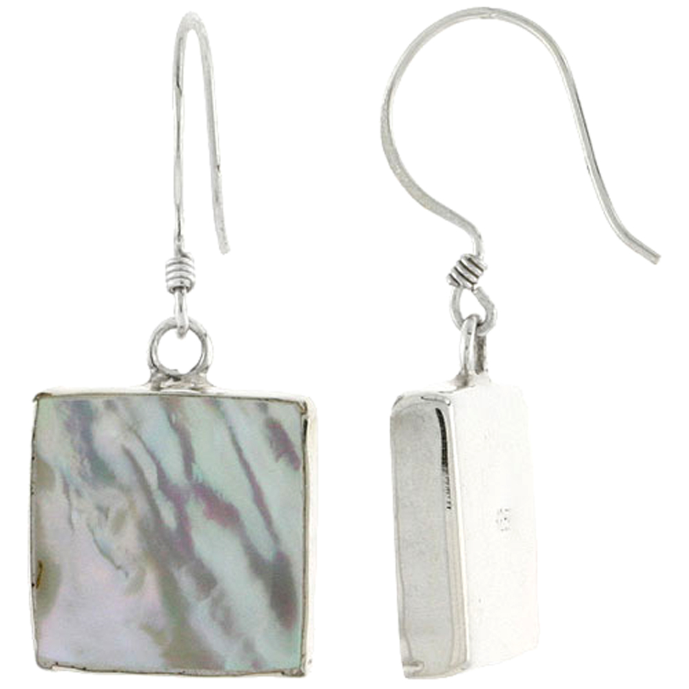 Sterling Silver Square Mother of Pearl Inlay Earrings, 9/16" (15 mm) tall 