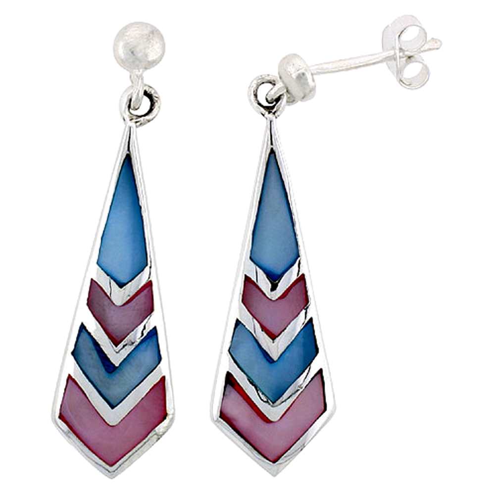 Sterling Silver Freeform Pink & Blue Mother of Pearl Inlay Earrings, 1 1/4" (32 mm) tall 