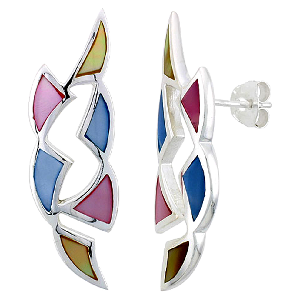 Sterling Silver Freeform Pink, Blue & Light Yellow Mother of Pearl Inlay Earrings, 1 7/16" (36 mm) tall 