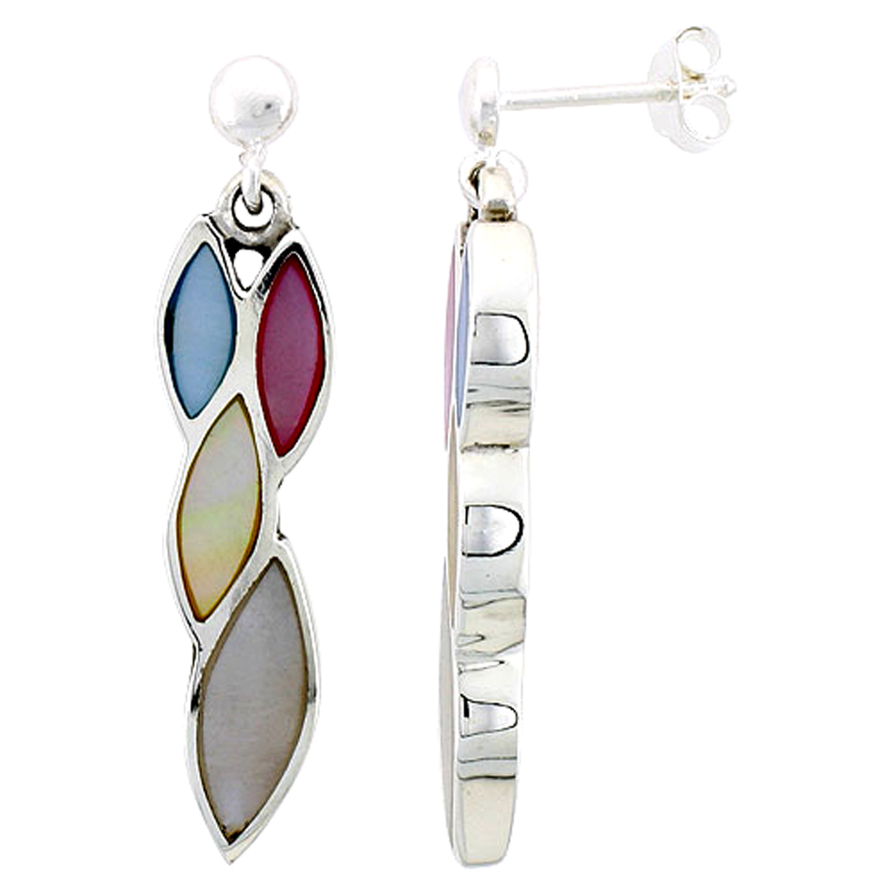 Sterling Silver Marquise-shaped Pink, Blue, Light Yellow & White Mother of Pearl Inlay Earrings, 1 3/16 (30 mm) tall 