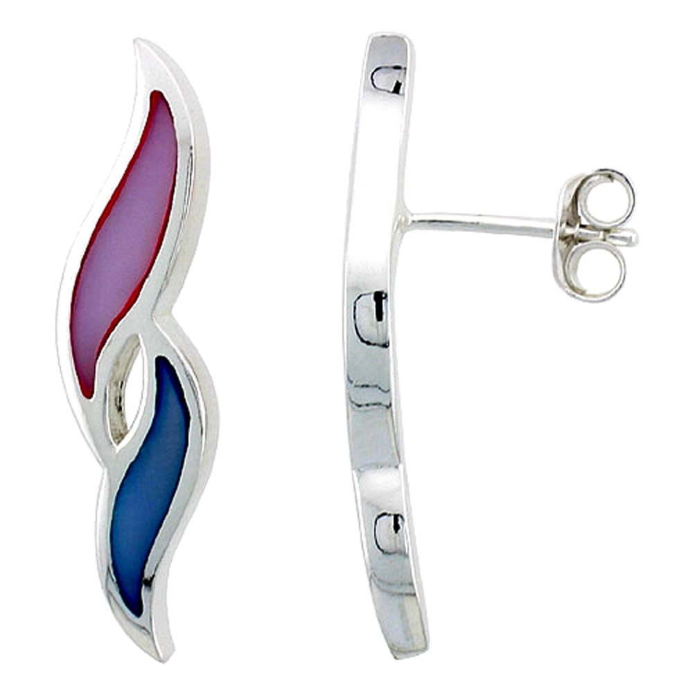 Sterling Silver Freeform Pink & Blue Mother of Pearl Inlay Earrings, 1 1/8" (28 mm) tall 