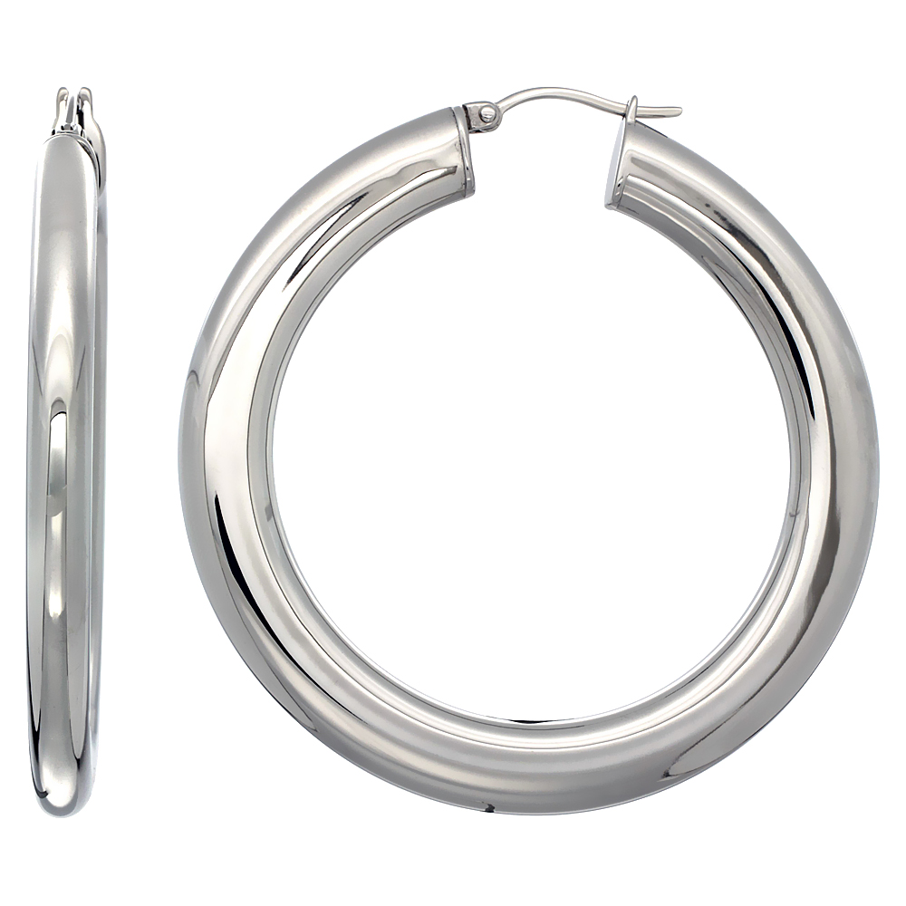 Stainless Steel Hoop Earrings 2 inch Polished 7 mm Fat Flat Tube Plain Light Weight Stainless Steel Hoop Earrings 2 inch Polished 7 mm Fat Flat Tube Plain Light Weight