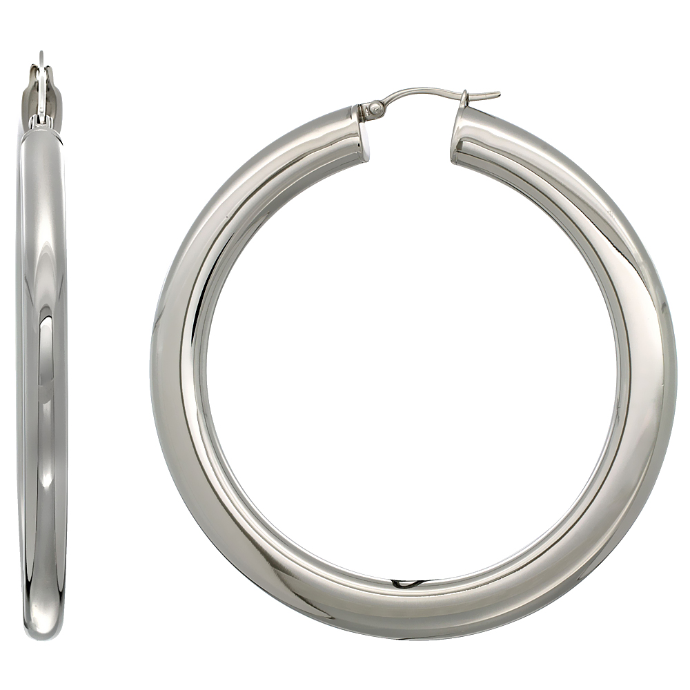 Stainless Steel Hoop Earrings 2 1/2 inch Polished 7 mm Fat Flat Tube Plain Light Weight Stainless Steel Hoop Earrings 2 1/2 inch Polished 7 mm Fat Flat Tube Plain Light Weight
