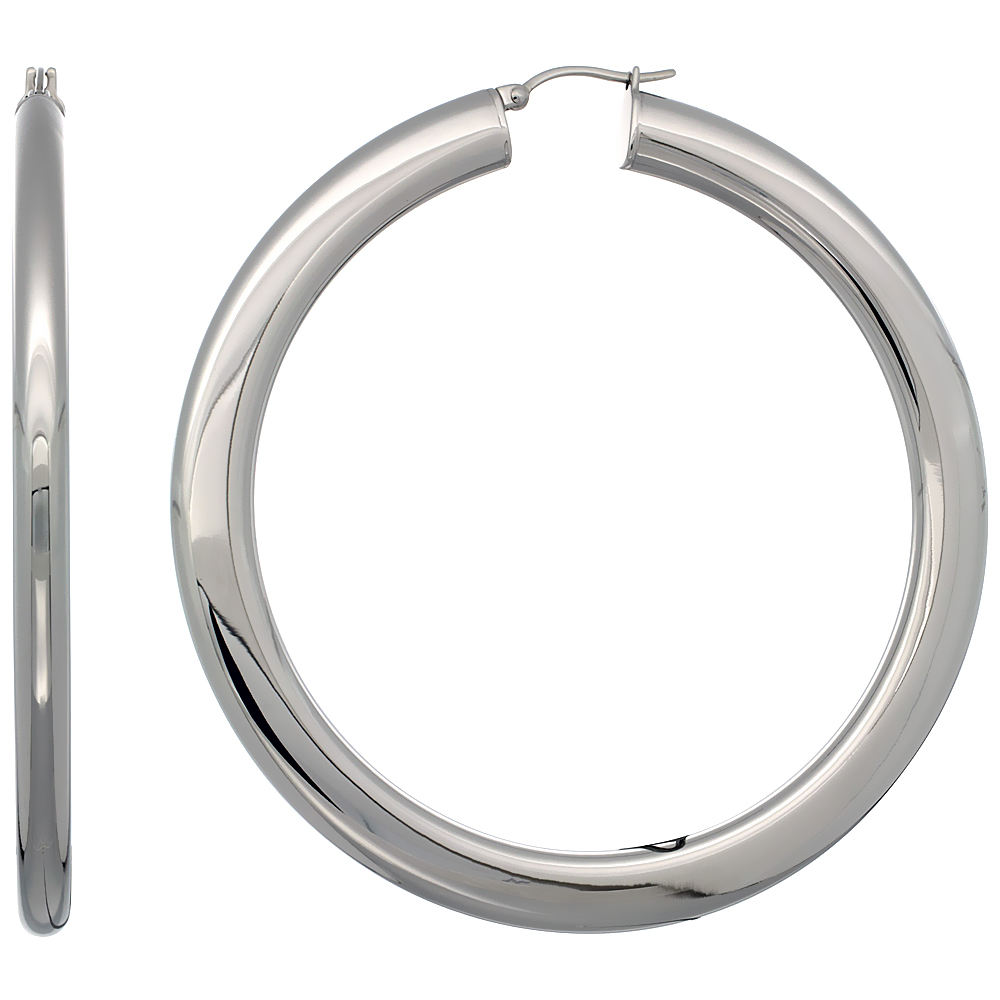 Stainless Steel Hoop Earrings 3 inch Polished 7 mm Fat Flat Tube Plain Light Weight Stainless Steel Hoop Earrings 3 inch Polished 7 mm Fat Flat Tube Plain Light Weight