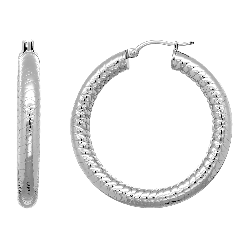 Stainless Steel Hoop Earrings 1 1/2 inch Tight Zigzag Pattern 5mm Thick Tube Light Weight