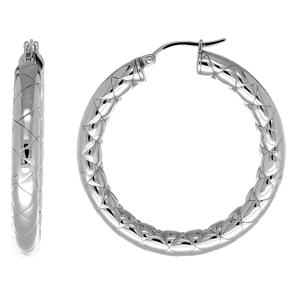 Stainless Steel Hoop Earrings 1 1/2 inch Zigzag Pattern 5mm Thick Tube Light Weight